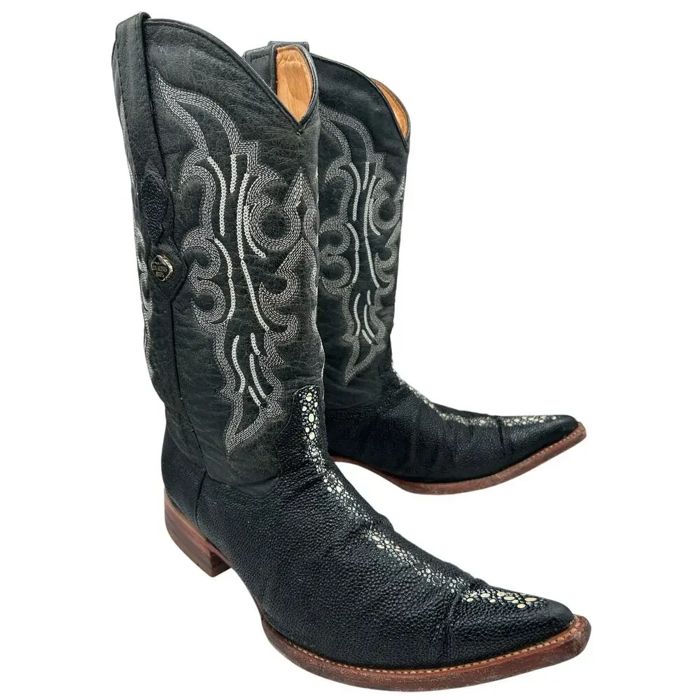Los Altos Black Stingray Leather Cowboy Boot Mens 9.5 Black Stone Long Snip Toe